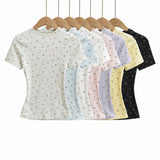 Kardashian Floral Round Neck Tight Short-Sleeved T-Shirt 2026 Summer New Slimming Waist Straight Shoulder Coat