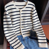 Casual Black And White Striped Small Fragrant Knitted Cardigan Women's New Autumn And Winter Wear Short Sweater Jacket