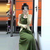 2025 New French Retro Green Hanging Neck Sling Dress Female Summer Temperament Waist Dress