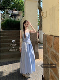 French Blue Lattice Shoulder Bra Slings With Joint Dress Women's Summer 2026 New Seaside Resort Dress