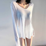 Spring New Thin V-Neck White Long-Sleeved Bottom Shirt Sun Protection Shirt Open Fork Slim Top Female Outside South Korea