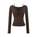Pure Hot Girl Autumn New Fake Two Spliced T-Shirt Lace Long Sleeves Slim Thin T-Shirt Top Girl