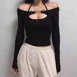 Spring New Temperament Repair Chest Hanging Neck Vest T-Shirt + Metal Buckle Sunscreen Shirt Sleeve Two Sets Of Women