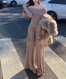 High-End Fashion Knitted Set Women's 2025 Autumn And Winter 2025 New Shoulder Sweater High-Waist Broad Leg Pants Two Sets