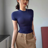Hottie Tight Foundation Round-Neck Short-Sleeved T-Shirt For Girls Summer Solid Color Bhise Slim Top