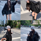 Black Retro Locomotive Collar Pu Leather Coat Female Cool Wind 2025 Spring And Autumn New Leather Jacket Top