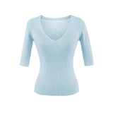 Pure Lust Wind Sexy V-Neck Slim Thin Five-Sleeved Knitted Shirt Girls Summer Solid Color Repair Inside The Bottom Top