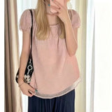 Fake Two Round Collar Wave Dot Short-Sleeved T-Shirt Women's Summer Sweet Cute Blouse Loose Bubble Sleeve