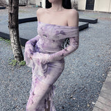 2025 New Chinese-Style Shoulder Mesh Long-Sleeved Dress Women Autumn Sexy Body-Body-Bum Bag Fishtail Dress