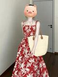 French Red Floral Sling With A Tie Dress Women's Summer 2026 New Beautiful Beautiful Seaside Dress