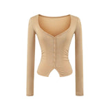 Lyselle V-Neck Button Long-Sleeved T-Shirt Girl Summer Slimming Pure Sexny Chest Bottom Top