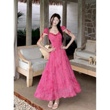 2025 New Light Luxury Feeling Waist Slim Floral Dress Rose Red Especially Beautiful Podle Dress Summer Girl