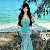 French Light Green Printed Mesh Sling Dress Women's Summer Seaside Vacation Pure Sexy Fishtail Ass And Hips