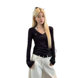 With Chest Cushions Korean Striped V-Neck Long-Sleeved T-Shirt Girl Hanging Neck Vest Two Sets Of Spring Hottie Tops