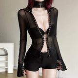 Sexy Strap Yarn Perspective Hottie Long-Sleeved T-Shirt Girl Summer Niche Design Repair Body Dress