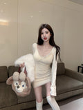 Small Horn Sleeve Design Lace Side Long-Sleeved Dress Spring And Autumn Sexy Tight Body Body Ass Short Skirt
