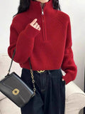Design Sense Half-Zip Red Knitted Women's Short Model 2025 Autumn And Winter 2025 New Korean Version Loose Thick Thick Waist Sweater