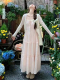 French Lace Splicing Pink Sling Dress Summer Holiday Style Gentle Long Dress Small Super Fairy Simple Young