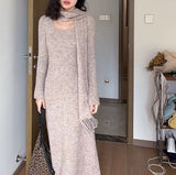 Knitted Dress Women's Autumn And Winter New Low-Circle Collar Temperament To Accept The Waist Of The Lanky Sweater Skirt + Scarf Two Sets