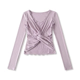 Purely Sexual Low-Breast V-Neck Holiday Two Long-Sleeved T-Shirt Women's Autumn And Winter New Tying Lace Inside The Bottom Shirt