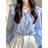This Year's Popular Beautiful Shirt Light Luxury French Small Niche Beautiful Blue Long-Sleeved Shirt Women's Early Autumn Elegant