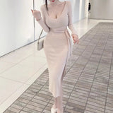 Temperament Famous Wind V-Neck Waist Display Body Collared Medium Long Dress Spring And Autumn Open Forked Ass High-Waisted Dress Ins