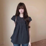 Sweet Doll Collar Plaid Bubble Sleeve Strap With Short-Sleeved Shirt Women's Summer Waist Casual Wind Thin Top