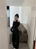 Sensing Temperament Set Decoration Body Slim Shoulder Long Sleeve Top Lady Autumn Broad Leg Pants Two Sets