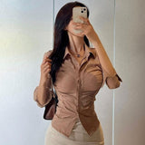 Single Buckle Waist Shirt Women Tight Thin Long Sleeve Tops South Korea's East Gate Pure Spring And Autumn Show Boobs