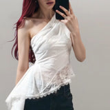 Lace Pure Desire To Collar Bare Shoulder Sleeveless Vest Women Summer Slim Thin Tops Irregular Hottie