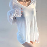 Spring New Thin V-Neck White Long-Sleeved Bottom Shirt Sun Protection Shirt Open Fork Slim Top Female Outside South Korea