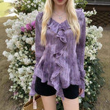 Tie Dyed Lotus Leaf Side V-Neck Long-Sleeved T-Shirt Girl Autumn Hottie Bottom Shirt Pure Desire To Put On The Top