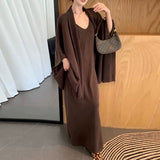 French Temperament Sling Knitted Dress Women's Autumn And Winter Lazy Wind Slacken Cloak Shawl Two-Piece Set