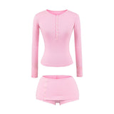 Pure-Style Sexy Hottie Set Spring Warehouse Round Collar Buckle Long-Sleeved T-Shirt Low-Waisted Hip Shorts Skirt Girl