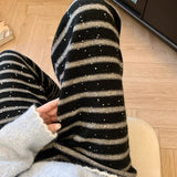 Lazy Wind Hit The Striped Knitted Broad Leg Pants Women Autumn And Winter New Design Shiny Casual Straight Trousers