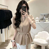 French Irregular V-Neck Short-Sleeved Shirt Women Summer New Waist Thin High-End Feel Tied Shirt Women's Top