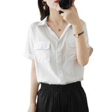 New Leisure Short-Sleeved Shirt Women's Loose Double Pocket Thin Bag Mid-Sleeve V-Neck Shirt Woman In The Summer Of 2025