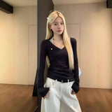 With Chest Cushions Korean Striped V-Neck Long-Sleeved T-Shirt Girl Hanging Neck Vest Two Sets Of Spring Hottie Tops