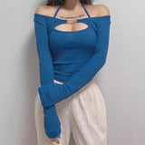 Spring New Temperament Repair Chest Hanging Neck Vest T-Shirt + Metal Buckle Sunscreen Shirt Sleeve Two Sets Of Women