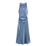BSK&TRAF Women's Clothing 2026 Summer New Fashion Silk Hyssin Texture To The Waist Of The Fan Flute Dress 8372090