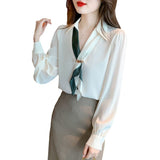 High Sense Of The New Chiffon Shirt Fashion Professional Collared Collared Women V Collar Long-Sleeved Shirt Spring
