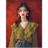French Green Lotus Leaf-Side Shirt Women's Autumn 2025 New Niche Long-Sleeved Shirt V-Neck Top Temperament Elegant