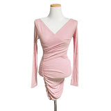 Sky Blue V-Neck Thread Cotton New Folded Waist Dress Long Sleeve Tight-Namped Thin-Bossed And Hip Skirt Short Skirt