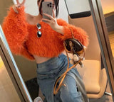 Autumn And Winter New Lazy Wind High-End Temperament Candy V Collar Short Imitation Stings Hair Knitted Shirt