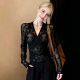 Lace Pure Want To Show Thin V-Neck Long-Sleeved T-Shirt Girl Summer Thin Slim Hottie Waist Top Sexy