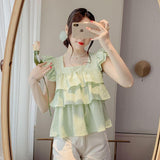 Mint Green Lotus Side Small Flying Sleeve Chiffon Top Women's Summer Age Reduction Texture Fluffy Short-Sleeved Shirt Sunscreen