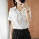 New Leisure Short-Sleeved Shirt Women's Loose Double Pocket Thin Bag Mid-Sleeve V-Neck Shirt Woman In The Summer Of 2025