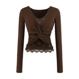 Purely Sexual Low-Breast V-Neck Holiday Two Long-Sleeved T-Shirt Women's Autumn And Winter New Tying Lace Inside The Bottom Shirt