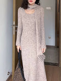 Knitted Dress Women's Autumn And Winter New Low-Circle Collar Temperament To Accept The Waist Of The Lanky Sweater Skirt + Scarf Two Sets