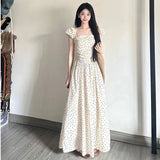 French Style Neck Rice White Girly Dress Women's New Thin Fairy Wave Wave Long Dress